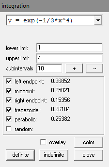 Winplot's integration screen with 10 subintervals and 5 decimal places in results