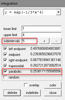 Winplot's integration screen with 5 subintervals and 16 decimal places in results